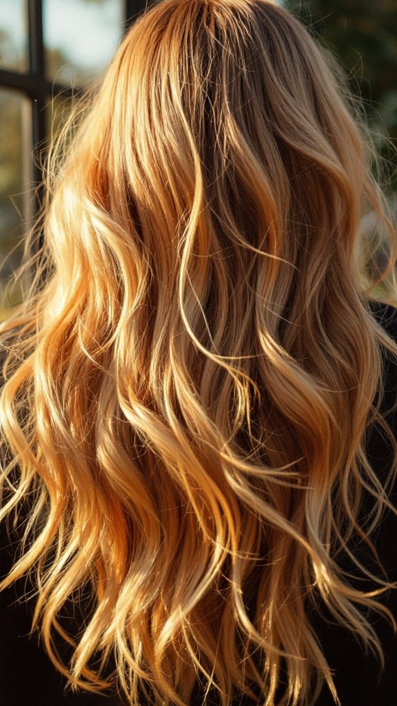 Long wavy hair with golden balayage highlights.
