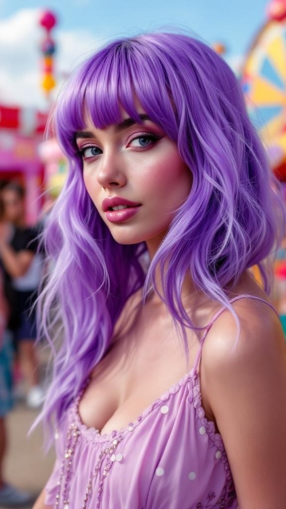 A person with long, wavy purple hair styled in a playful manner, wearing a light purple outfit.