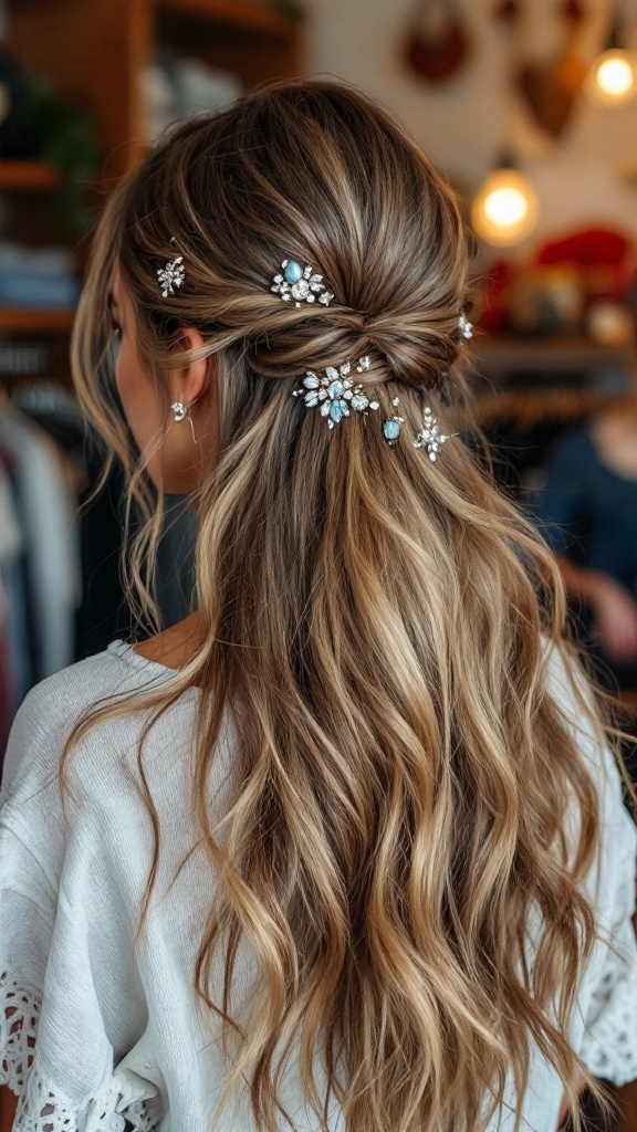 Half-up, half-down hairstyle adorned with gemstone pins