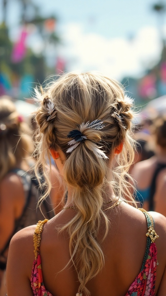A back view of a woman with half-up boho knots and feather clips in her hair.