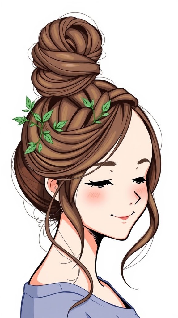 A girl with a half-up braided bun hairstyle adorned with small green leaves.