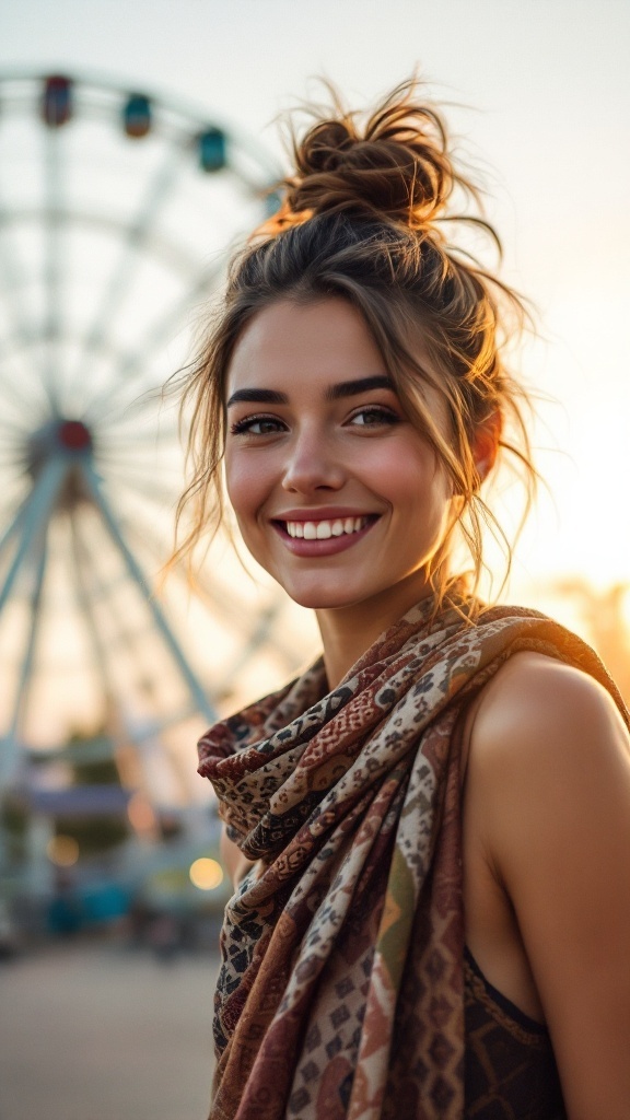 A woman with a half-up bun wearing a patterned scarf, smiling at a festival with a Ferris wheel in the background.