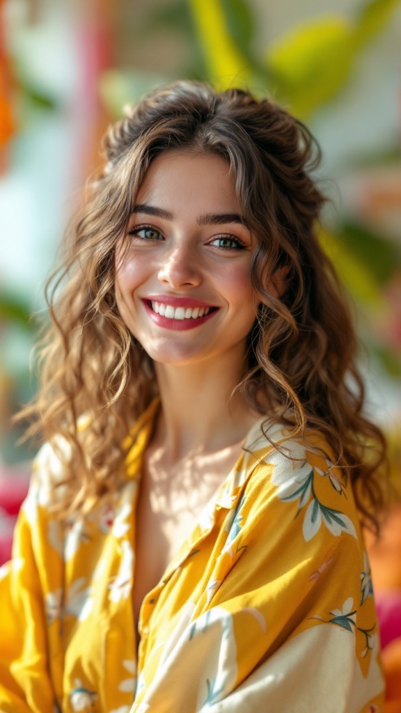 A woman with curly hair styled in a half-up, half-down look, wearing a yellow floral blouse.