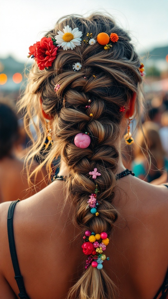 A beautiful half-up fishtail braid decorated with colorful flowers and beads.