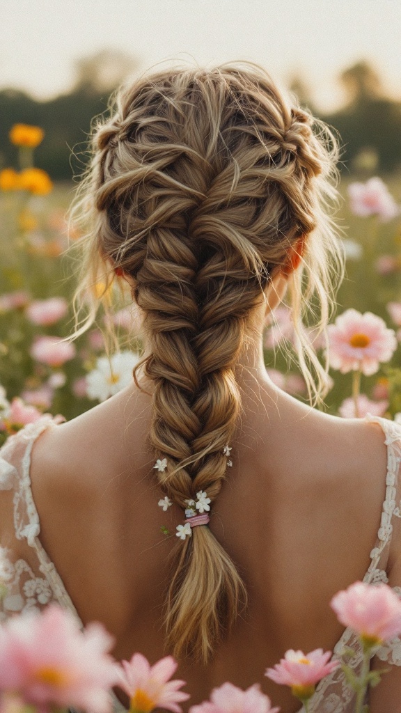 A person with a half-up fishtail braid and loose strands of hair, surrounded by flowers.