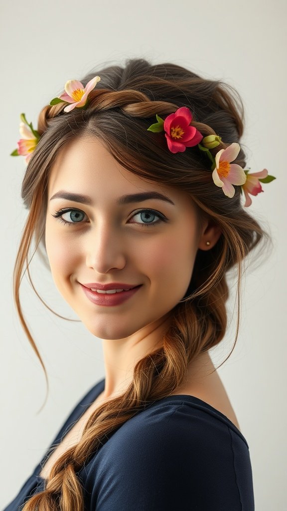 A woman with a half-up flower crown braid hairstyle, adorned with colorful flowers.