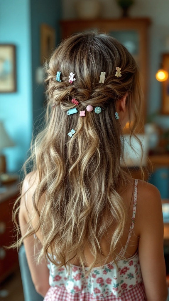 A half-up hairstyle featuring vintage clips, showcasing soft, wavy hair.