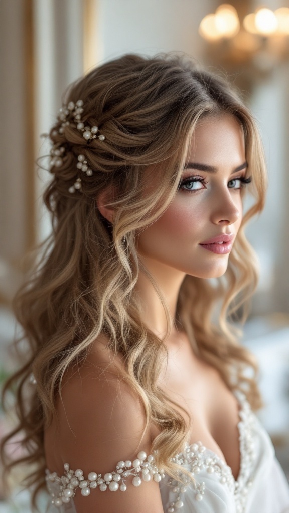 Half-up half-down hairstyle with soft curls and pearl accessories.