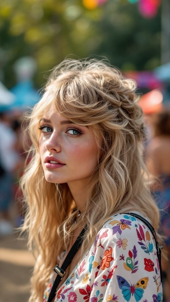 A stylish woman with long, thick hair in a half-up half-down hairstyle, wearing a colorful floral outfit.