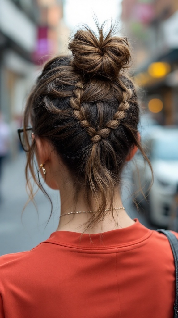 A hairstyle featuring a half-up knot with braids, perfect for long hair.