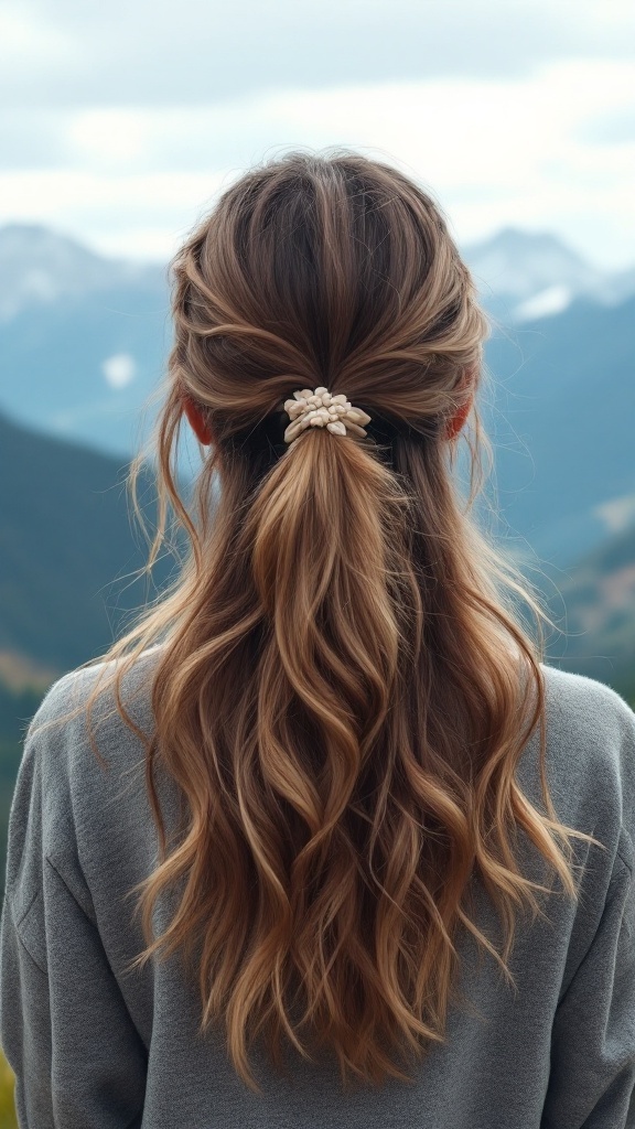 Half-up ponytail hairstyle with layered waves, showcasing a relaxed and boho look.