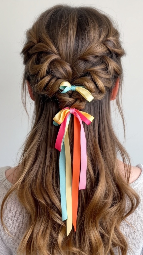 A woman with long hair styled in a half-up ribbon braid, featuring colorful ribbons tied at the back.