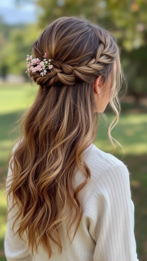 A woman with long hair styled in a half-up side braid, adorned with small flowers.
