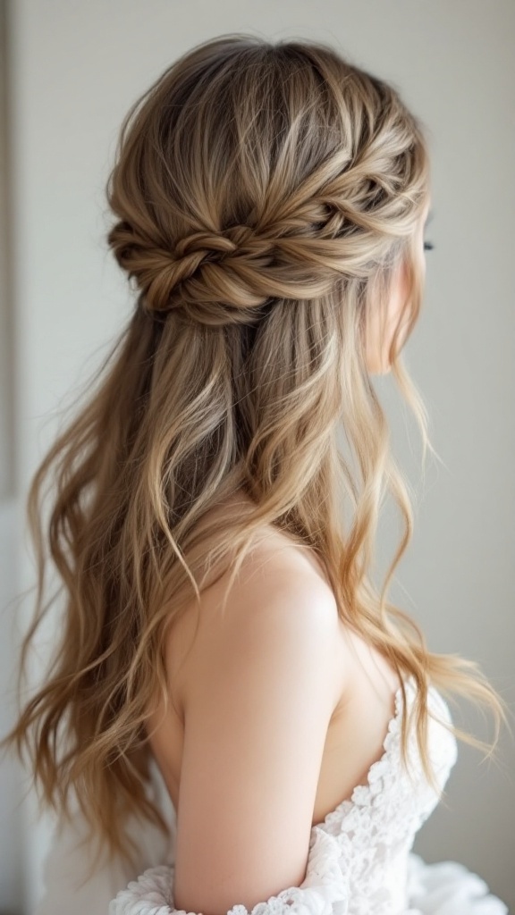 A woman with long, wavy hair styled in a half-up side twist.
