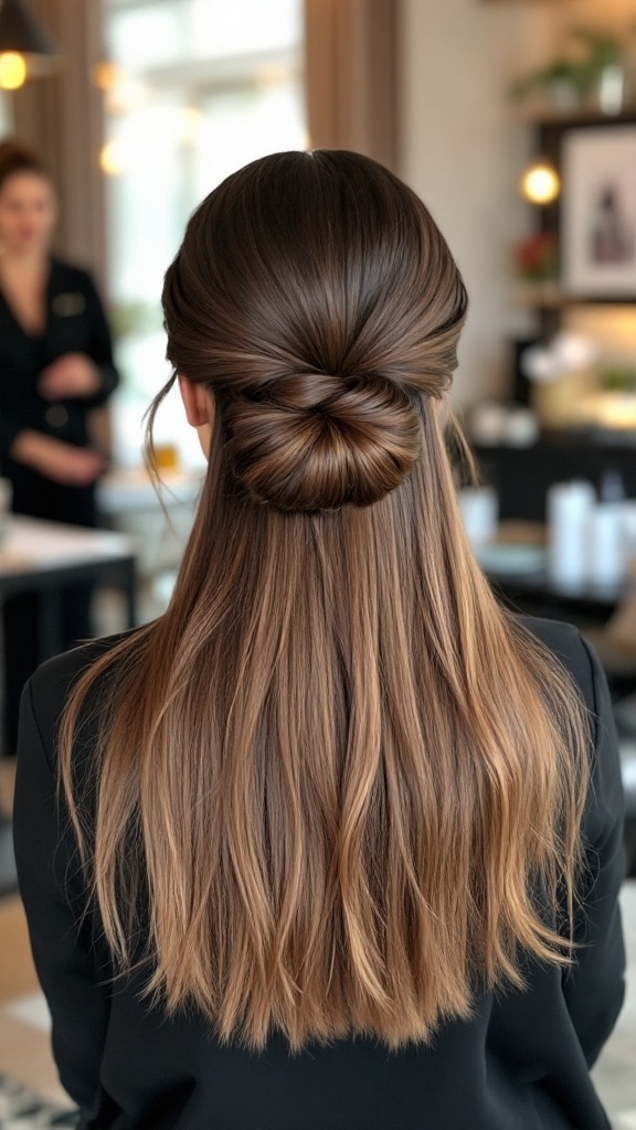 A woman with long hair styled in a half-up sleek bun.