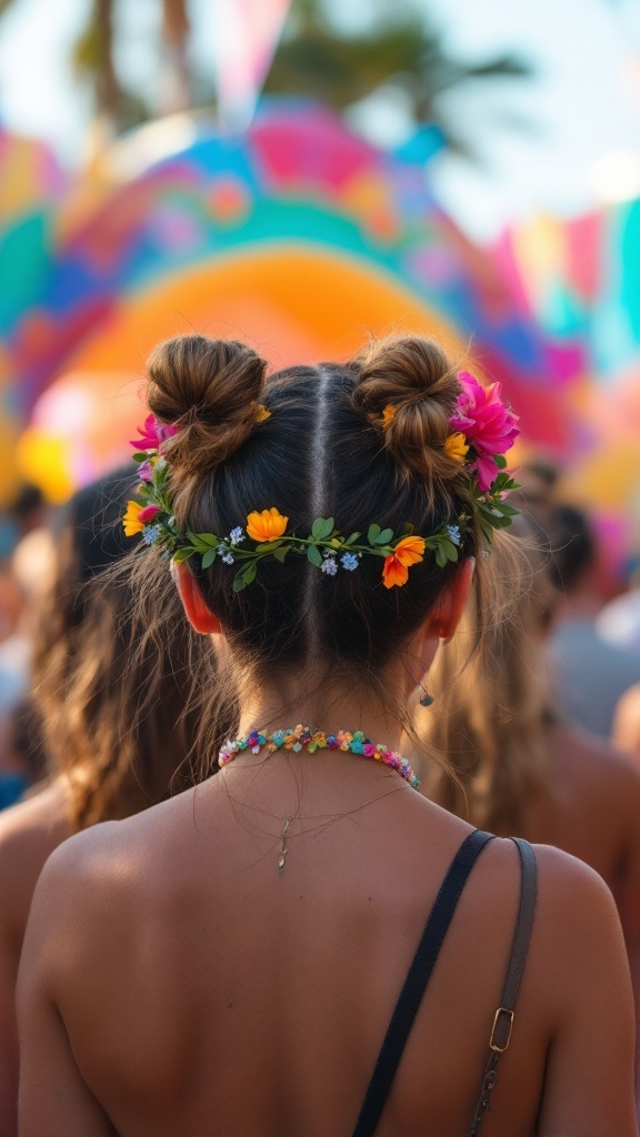 A person with half-up space buns adorned with a floral crown, showcasing a boho hairstyle.