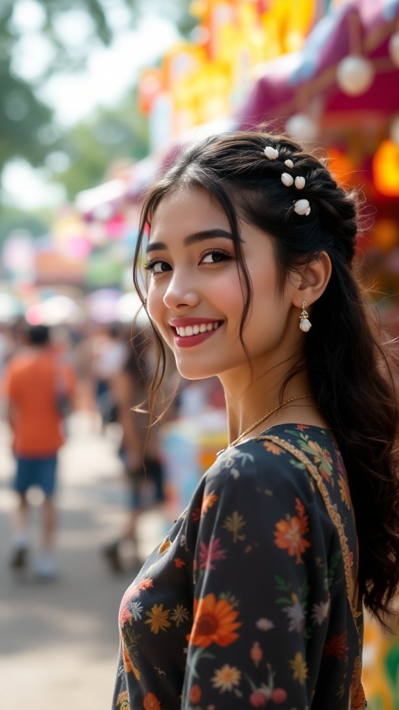 A woman with a half-up twist hairstyle adorned with shell clips, smiling at a summer festival.