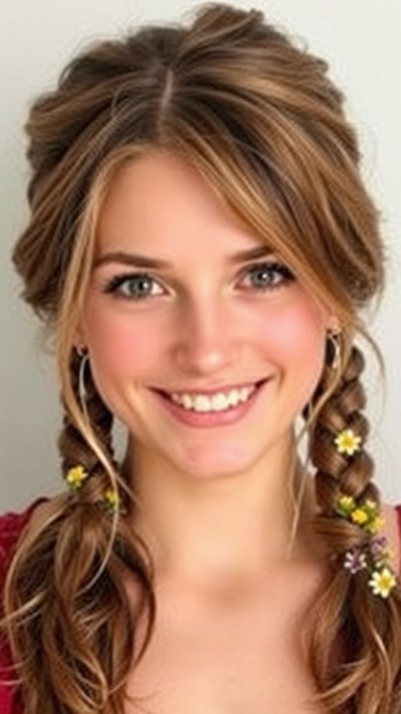 A smiling woman with long, wavy hair styled in a Half-Up Twisted Boho Knot, adorned with fresh flowers.