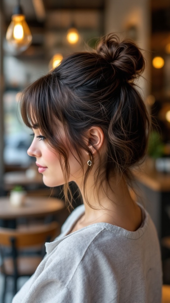 A woman with a half-up twisted bun and side bangs, showcasing a stylish boho hairstyle.