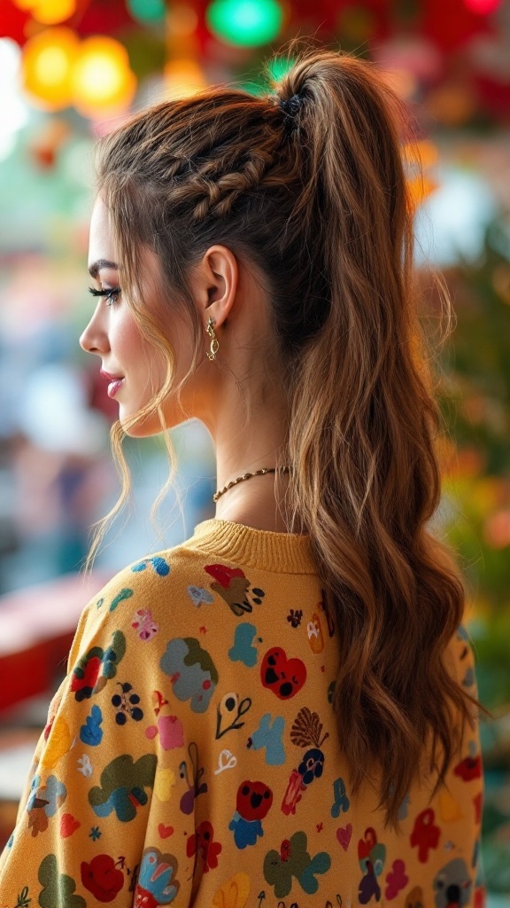 A woman with long hair styled in a half-up twisted ponytail, featuring subtle waves and a colorful sweater.
