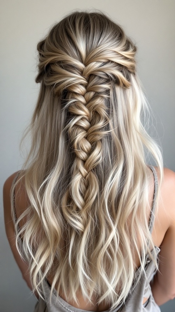 Half-up waterfall braid hairstyle on long hair.
