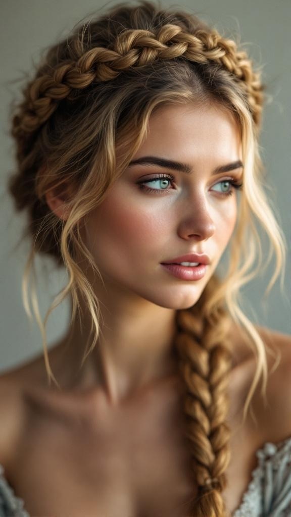 A woman with a halo braid hairstyle and loose tendrils, showcasing a natural and elegant look.