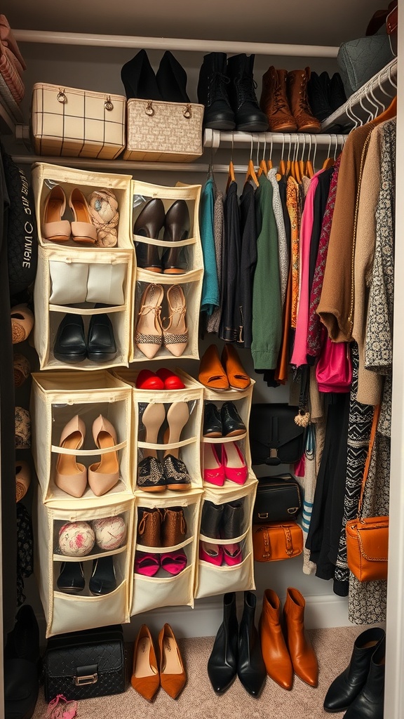 A closet featuring hanging organizers filled with various shoes and accessories.