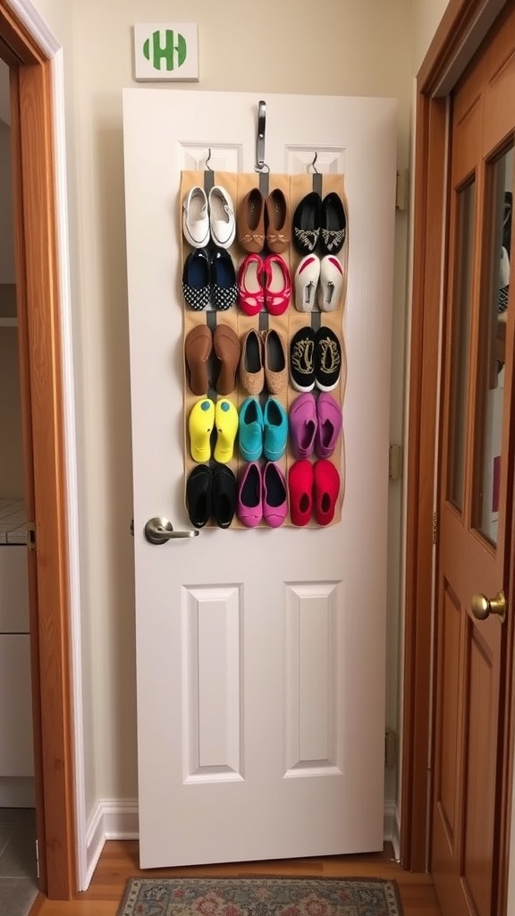 A door with a hanging shoe organizer displaying various pairs of shoes.