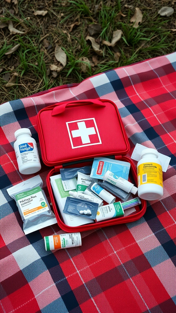 A red first aid kit opened on a picnic blanket, filled with various health and safety items.