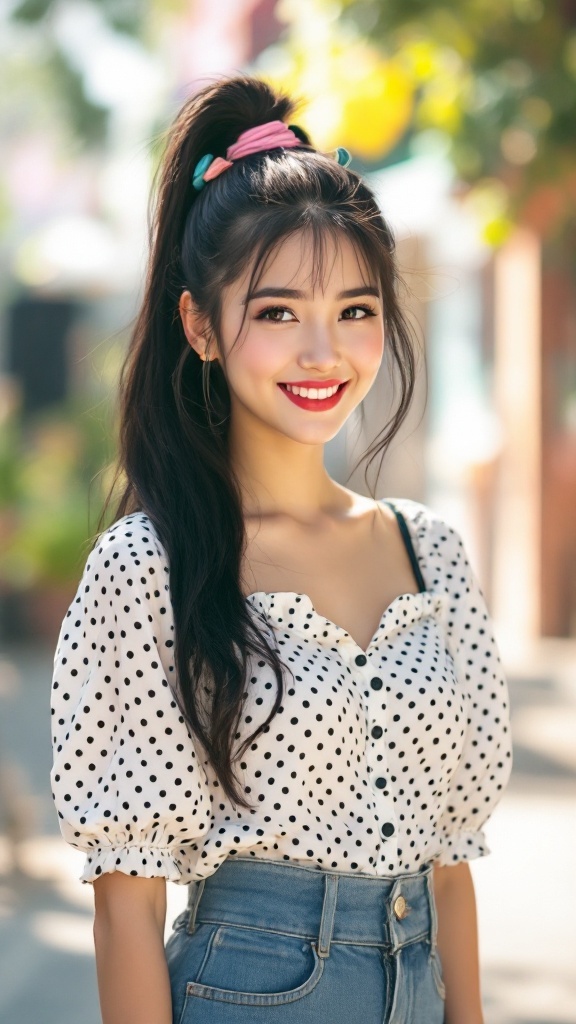 A young woman with a high bubble ponytail wearing polka dot blouse and smiling.