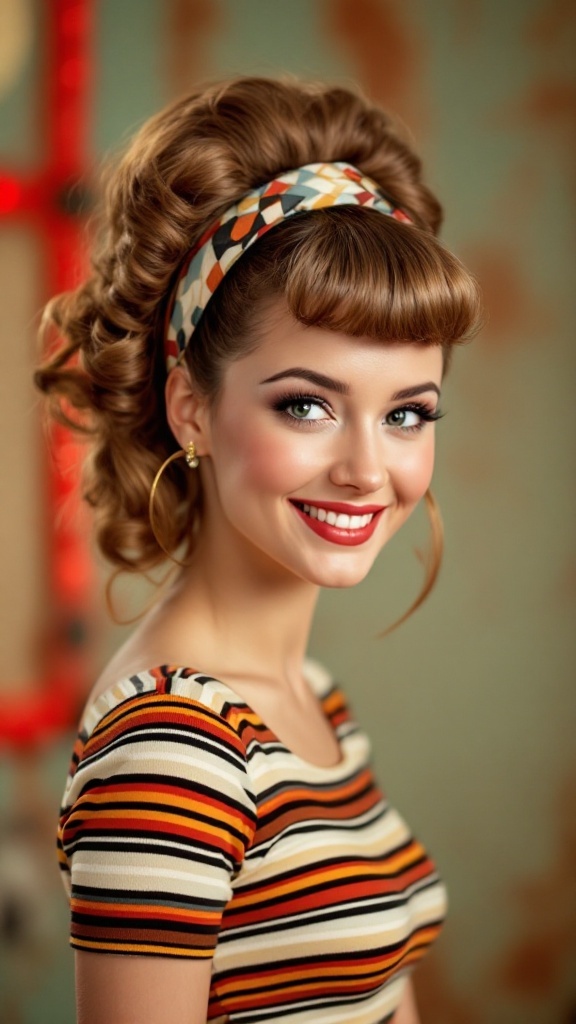 A vintage-inspired high ponytail hairstyle with curled ends and a colorful headband.