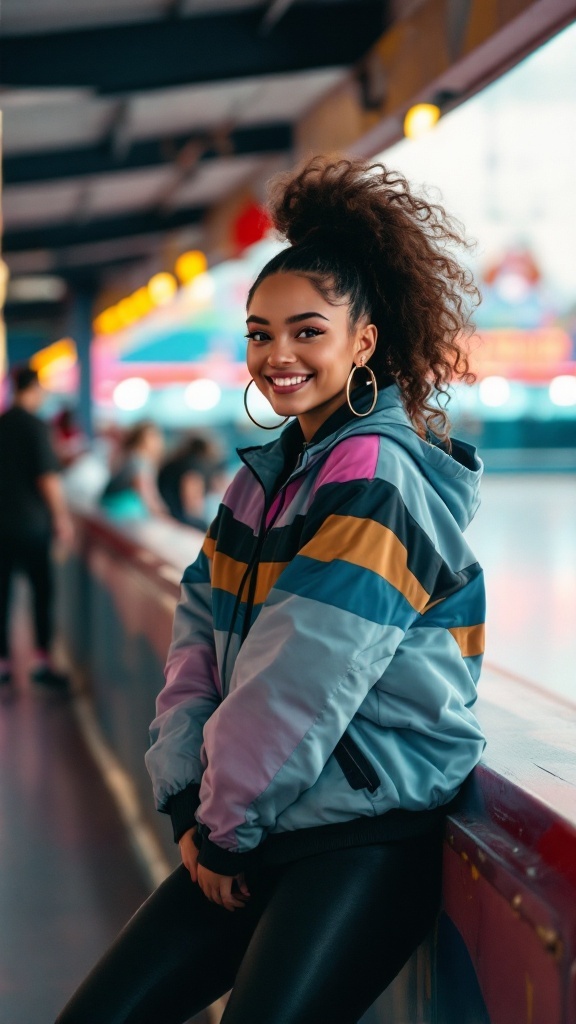 A woman with a high side ponytail and curls, wearing a colorful jacket.
