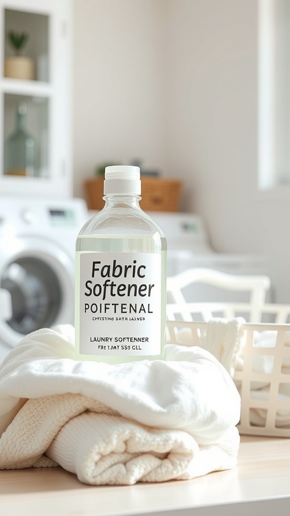 A bottle of fabric softener on a soft blanket in a laundry room.