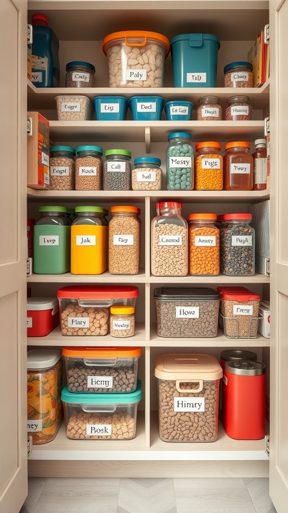A well-organized pantry with color-coded containers and labeled jars.