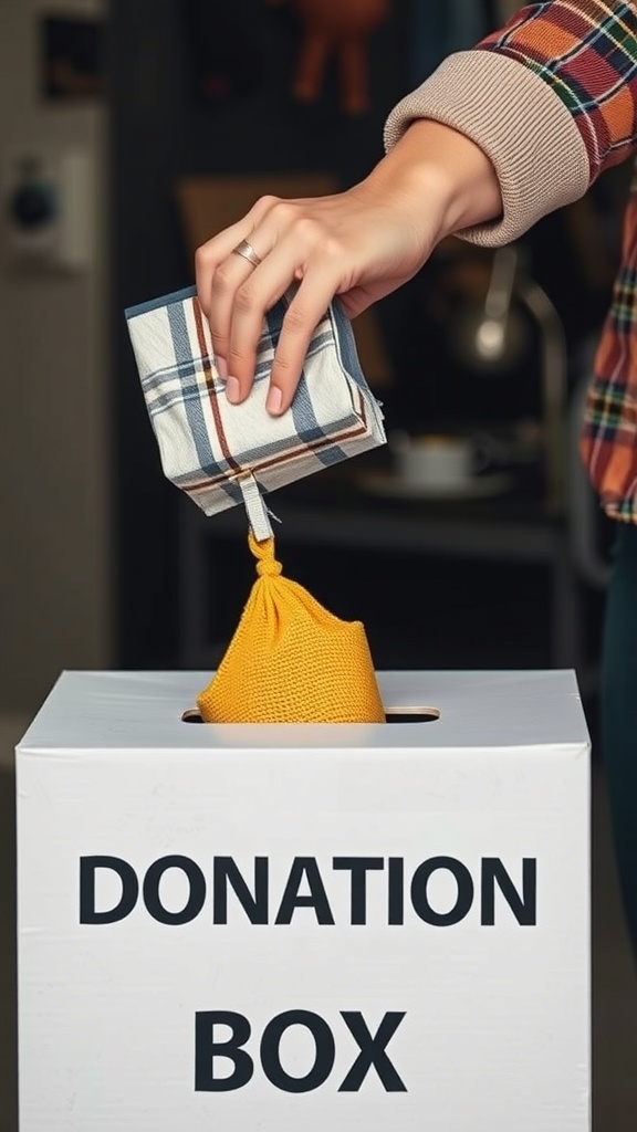 A person dropping a package into a donation box.