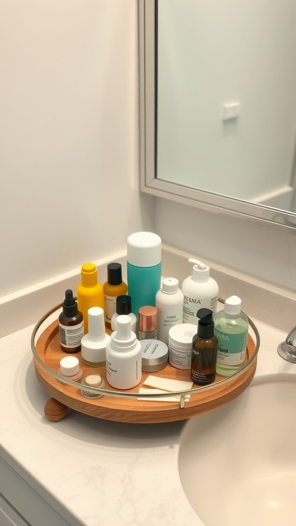A wooden Lazy Susan with various skincare products on a bathroom countertop.