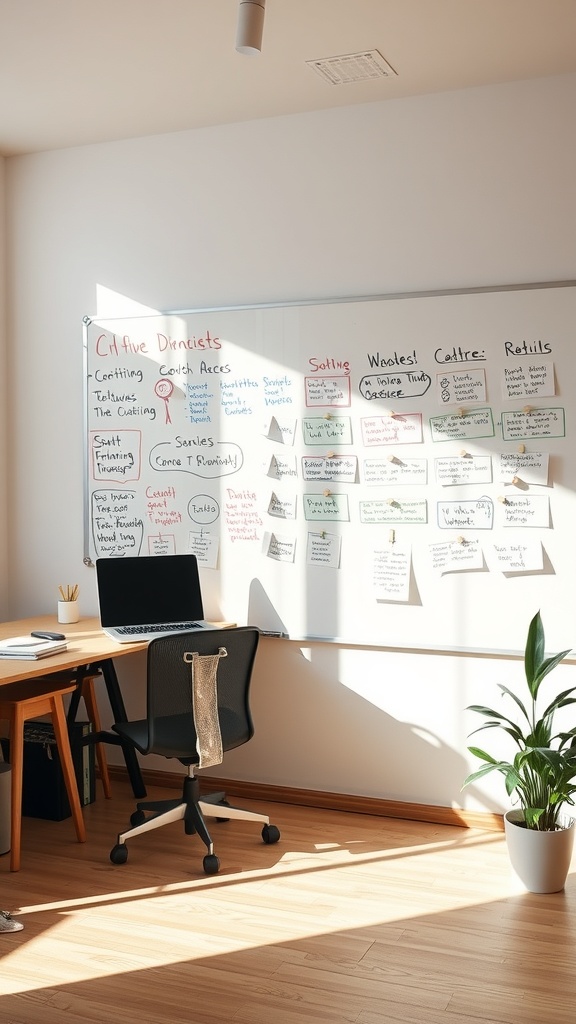 A bright home office featuring a whiteboard filled with notes and ideas.