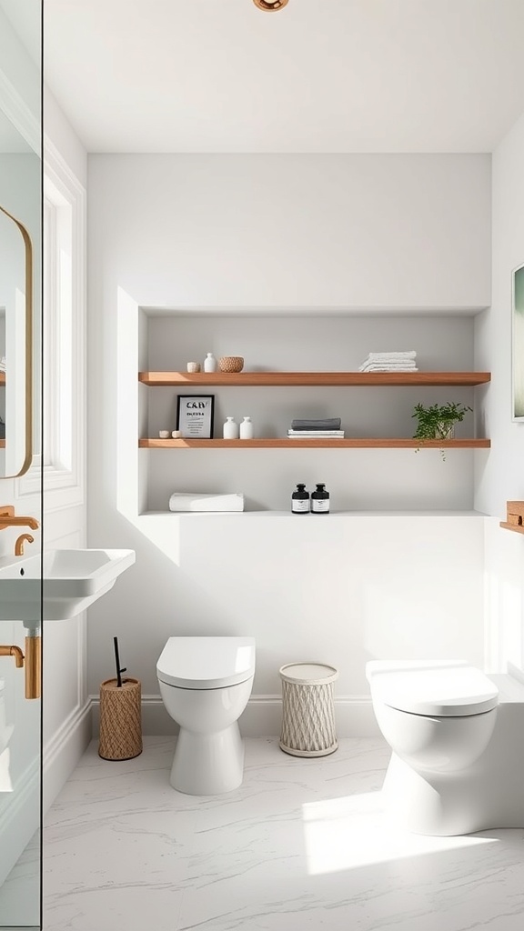 A modern bathroom featuring built-in shelving with neatly arranged towels and decor.