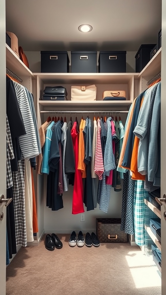 A well-organized closet with various clothing items and storage boxes, illuminated by a ceiling light.