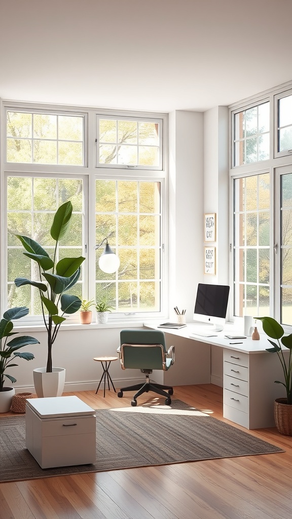 A bright home office with large windows, plants, and a modern desk setup.
