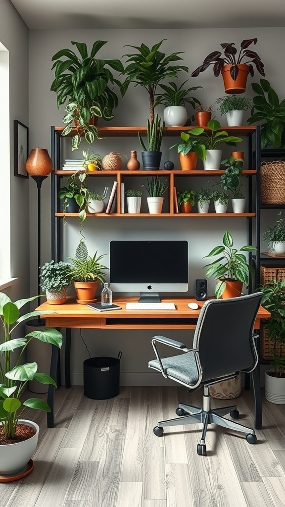 A home office with a desk, computer, and various potted plants on shelves.
