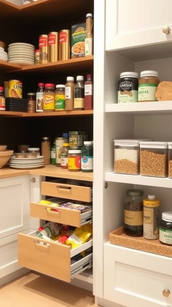 A well-organized pantry featuring pull-out drawers with various food items and spices.