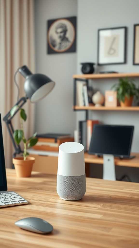 A smart assistant device on a wooden desk in a home office setting.