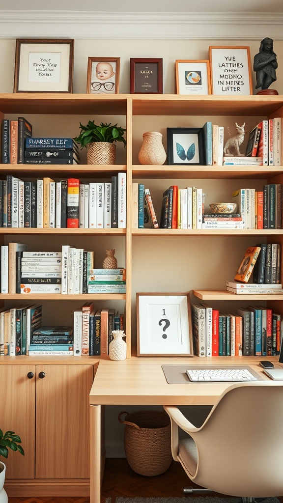 A cozy home office bookshelf filled with books, plants, and personal decor.