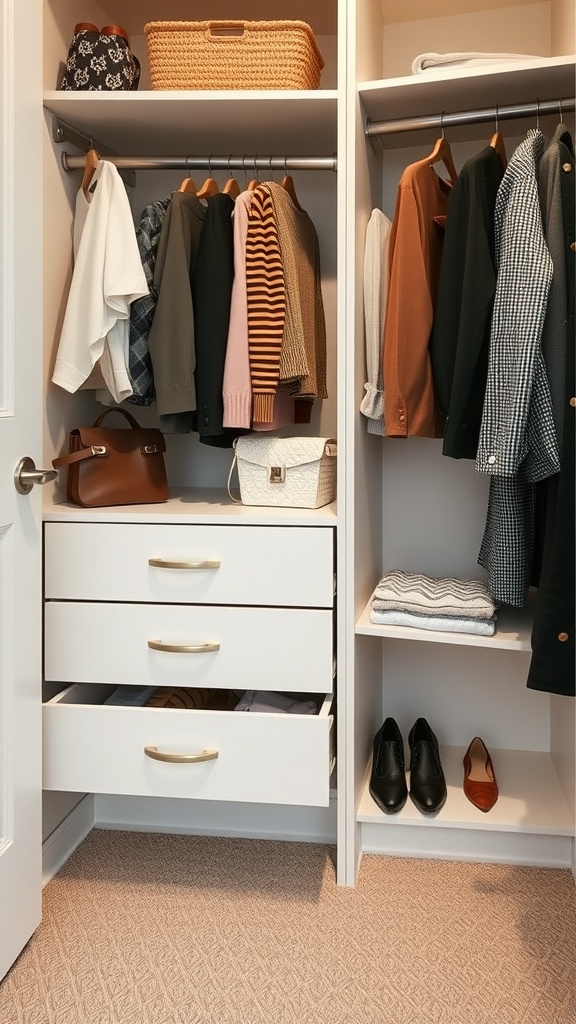 A well-organized closet featuring pull-out drawers, hanging clothes, and neatly arranged shoes.