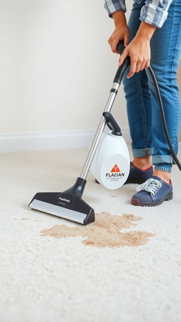 Person using a carpet cleaner on a stained carpet