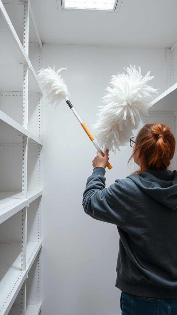 Person dusting high shelves with a microfiber duster
