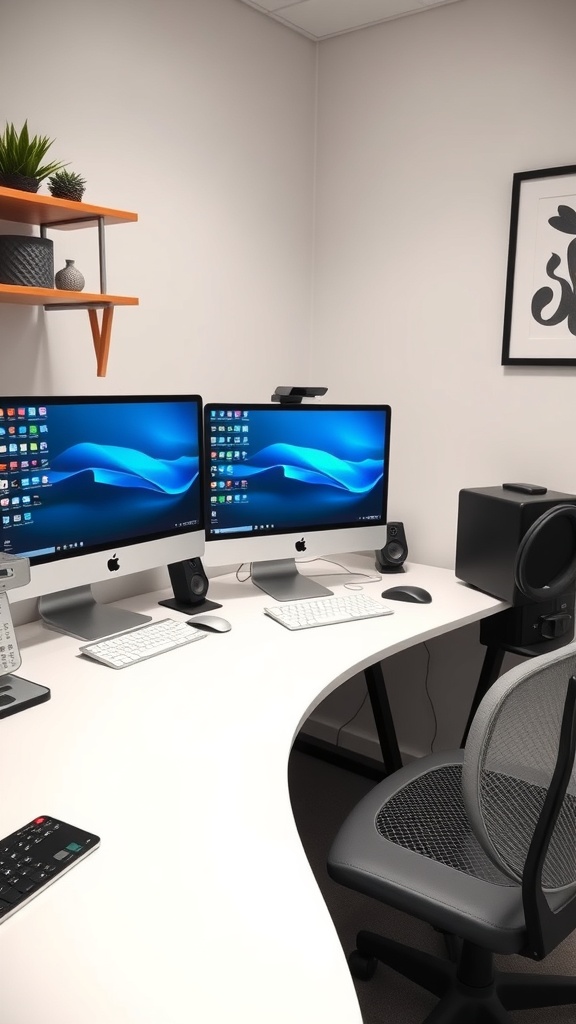 A modern home office setup featuring dual monitors, a sleek desk, and decorative plants.