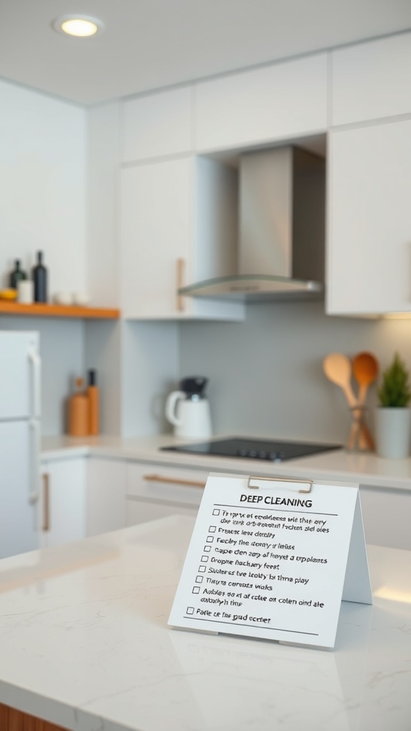 A kitchen deep cleaning checklist displayed on a countertop.