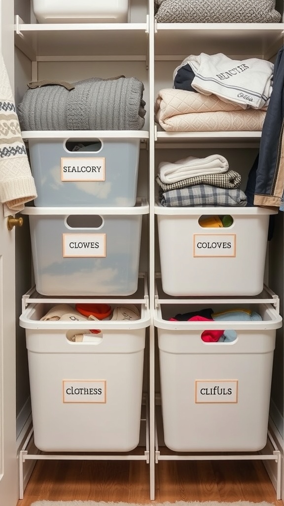 Closet organization with labeled bins